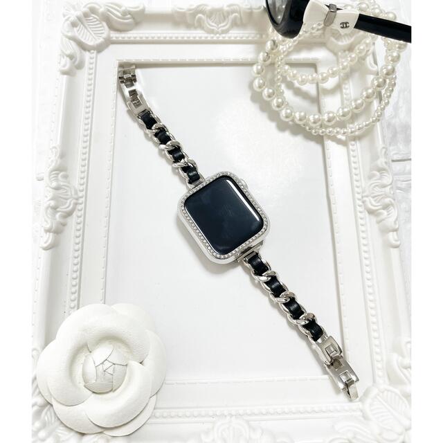 Apple Watch(アップルウォッチ)のステンレス　シルバー　チェーン　黒　アップルウォッチ　ベルト　バンド レディースのファッション小物(腕時計)の商品写真