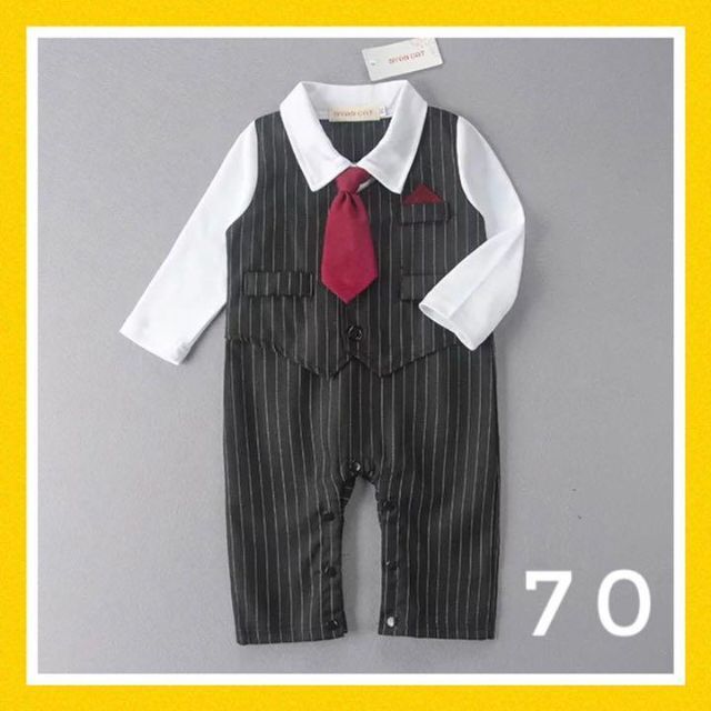 70cm ネクタイ付き長袖黒ストライプベビーロンパース 男の子スーツタキシード キッズ/ベビー/マタニティのベビー服(~85cm)(ロンパース)の商品写真