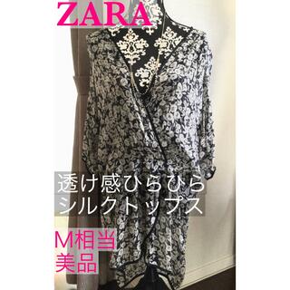 ザラ(ZARA)のZARA★絹100%透け感シルクシフォンシアーシャツM★黒地に花地柄★中古美品(シャツ/ブラウス(長袖/七分))