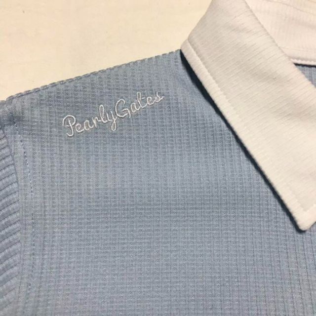 PEARLY GATES(パーリーゲイツ)のPEARLYGATES 半袖 ポロシャツ ストライプ 刺繍 ブルー スポーツ/アウトドアのゴルフ(ウエア)の商品写真