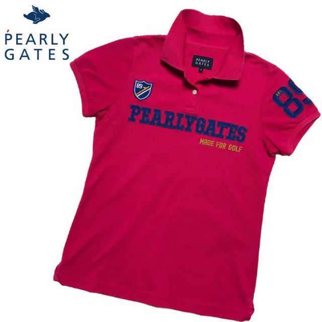 PEARLY GATES(パーリーゲイツ)のPEARLYGATES 鹿の子 半袖 ポロシャツ レッド ピンク 刺繍 スポーツ/アウトドアのゴルフ(ウエア)の商品写真