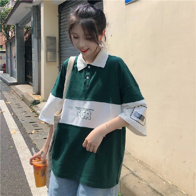 ポロシャツ ビッグシルエット 韓国 夏服 レディース カジュアル 通販