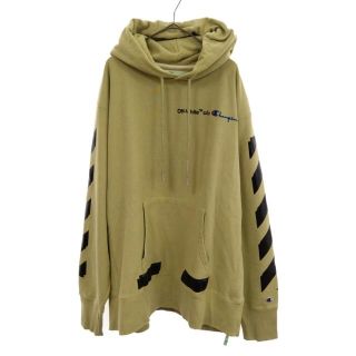 オフホワイト(OFF-WHITE)のOFF-WHITE オフホワイト ×champion 18SS Hooded Sweatshirt バックアロープリントプルオーバーパーカー ダメージ加工 ライトグリーン OMBB027S18875050(パーカー)