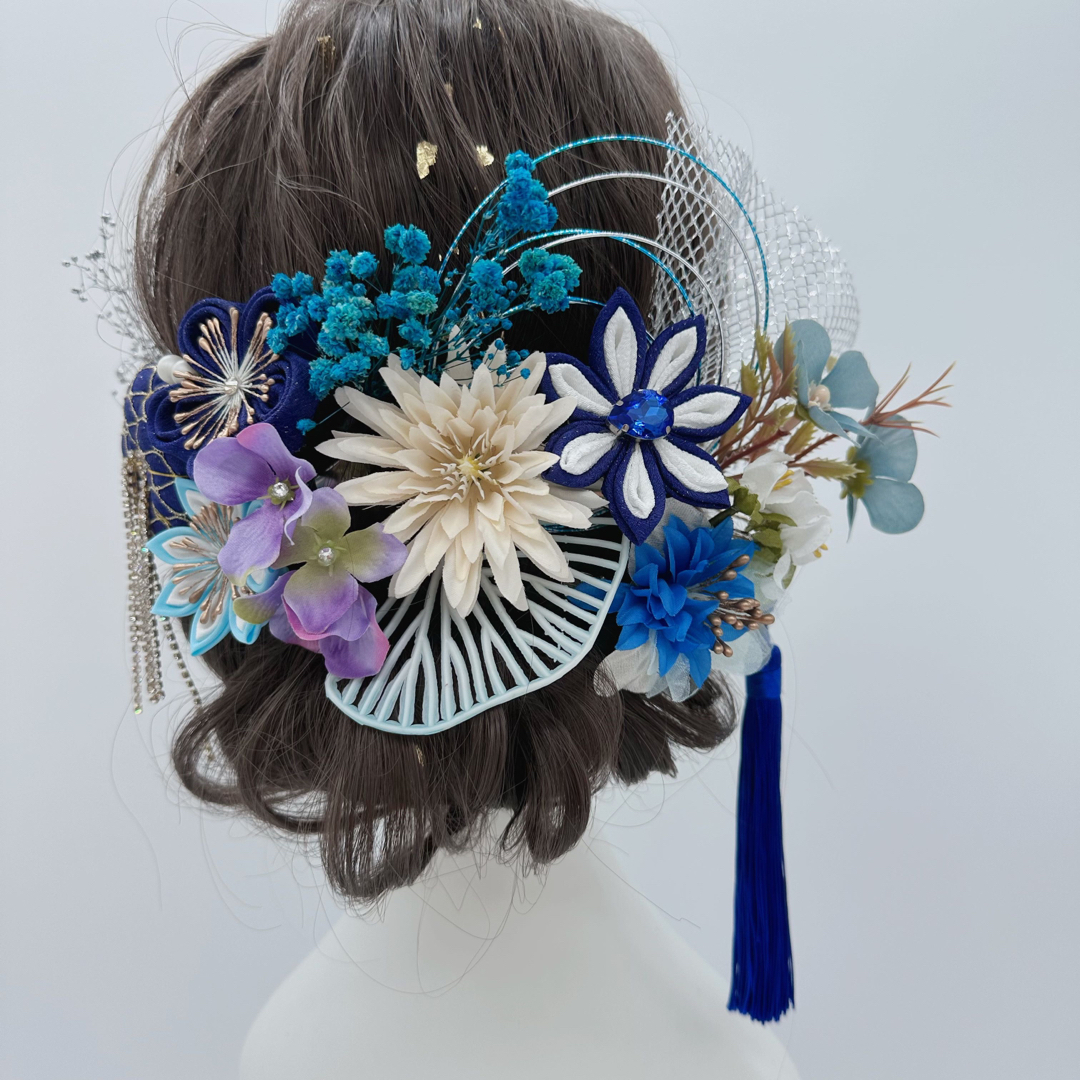 成人式 卒業式 結婚式 髪飾り つまみ細工 造花 キラキラ 青 ブルー