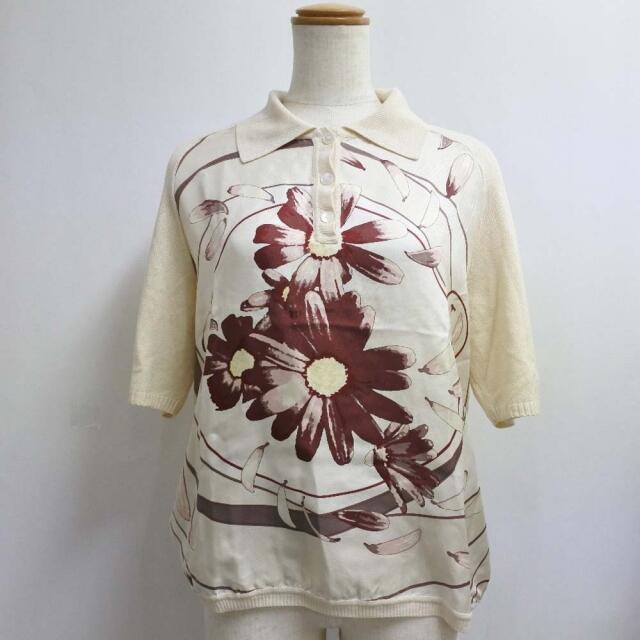 【HERMES】エルメス 花柄 シルク×カシミヤ ベージュ/赤 レディース 半袖Ｔシャツ