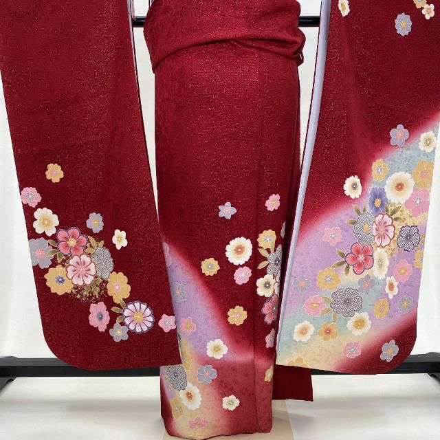 振袖☆成人式☆赤☆花柄☆正絹☆絞り柄☆裄70cm☆単品☆C-30 - 振袖
