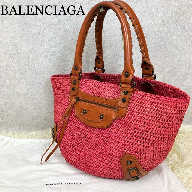 Balenciaga(バレンシアガ)のバレンシアガ パニエ ラフィア ハンドバッグ かごバッグ 春夏 ピンク×ブラウン レディースのバッグ(ハンドバッグ)の商品写真