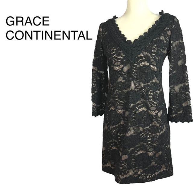 GRACE CONTINENTAL(グレースコンチネンタル)の美品　グレースコンチネンタル　花柄レースワンピース　ウール　長袖　ML相当 レディースのワンピース(ひざ丈ワンピース)の商品写真