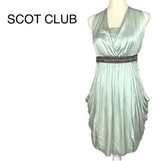 スコットクラブ(SCOT CLUB)の美品　スコットクラブ　ビジュー装飾　ドレスワンピース　ギャザー　ポリエステル 緑(ひざ丈ワンピース)