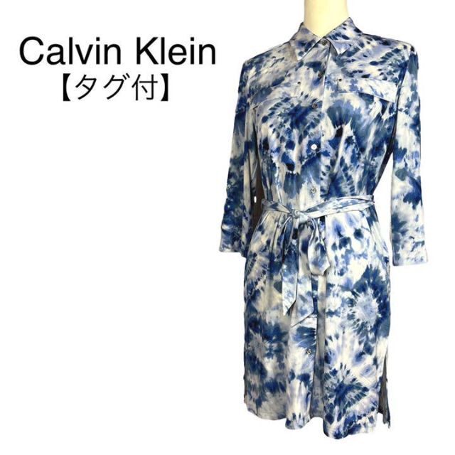 Calvin Klein(カルバンクライン)のタグ付　極美品　カルバンクライン　花柄シャツワンピース　S～M相当 レディースのワンピース(ひざ丈ワンピース)の商品写真