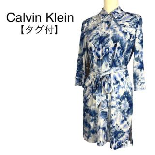 カルバンクライン(Calvin Klein)のタグ付　極美品　カルバンクライン　花柄シャツワンピース　S～M相当(ひざ丈ワンピース)