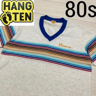 ハンテン(HANG TEN)の80s◆HANG TEN ハンテン◆麻混 レインボーボーダー Vネック Tシャツ(Tシャツ/カットソー(半袖/袖なし))