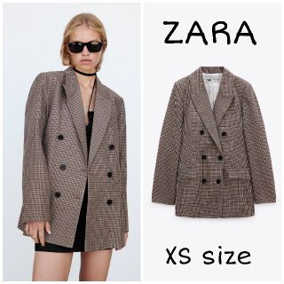 ザラ(ZARA)のZARA　リネンブレンド チェックブレザー　XSサイズ(テーラードジャケット)