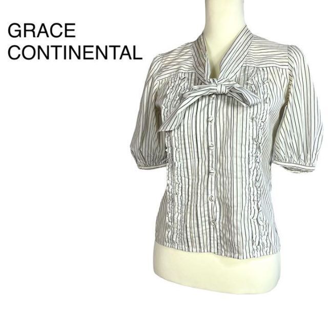 GRACE CONTINENTAL(グレースコンチネンタル)の完売品　グレースコンチネンタル　ボウタイカラーシャツ　半袖　コットン M～L レディースのトップス(シャツ/ブラウス(半袖/袖なし))の商品写真