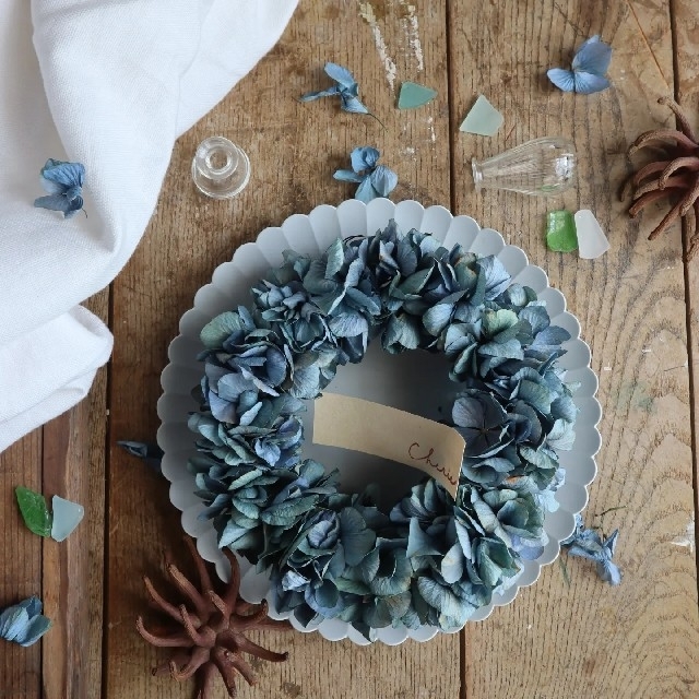 涼しげな藍色紫陽花のSimpleなリース ドライフラワーリース 夏リース-