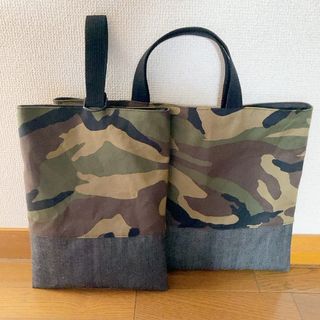 ラスト１セット＊カモフラージュ＊持ち手補強レッスンバッグ＆上履き入れ(バッグ/レッスンバッグ)