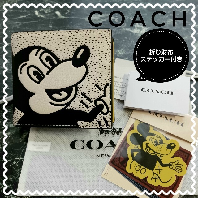 COACH【COACH】新コラボ キース·ヘリングミッキー 本革 折り財布 小銭入れ付き