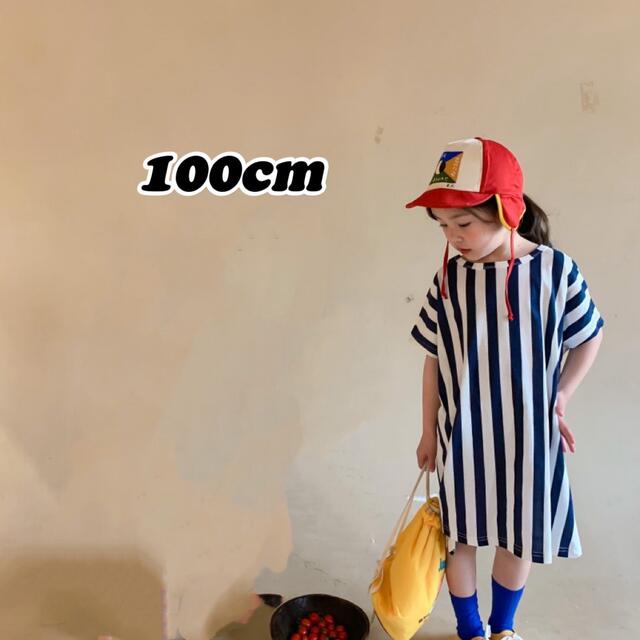 韓国子供服　ストライプワンピース　紺色 キッズ/ベビー/マタニティのキッズ服女の子用(90cm~)(ワンピース)の商品写真