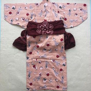 浴衣★火消し柄＋絞り染めへこ帯　男の子100  茶系　め組　3〜4才　美品(甚平/浴衣)