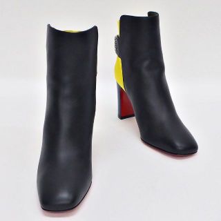 【未使用品】Christian Louboutin クリスチャンルブタン Ecuyera ブーツ ブラック イエロー レディース レザー サテン ショートブーツ ミドルブーツ スクエアトゥ チャンキーヒール 36(23.0cm位) 太ヒール サイドオープンアンクルストラップゴム 2019SS (ブーツ)