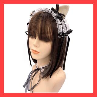 ロリータ ヘッドドレス カチューシャ 猫耳 チョーカー付き(ブラック2点セット)(小道具)