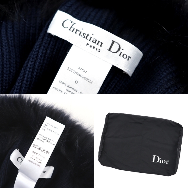 Christian Dior(クリスチャンディオール)の美品 クリスチャンディオール フォックスファー付き ニット スヌード レディース ネイビー U ショール マフラー Christian Dior レディースのファッション小物(スヌード)の商品写真