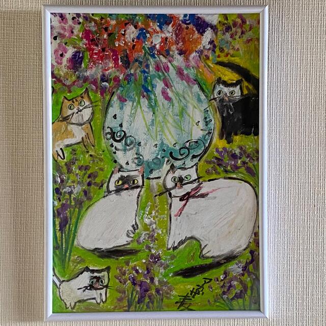 絵画。原画手描き【かわいい猫たちの花畑での楽しいデートの日】