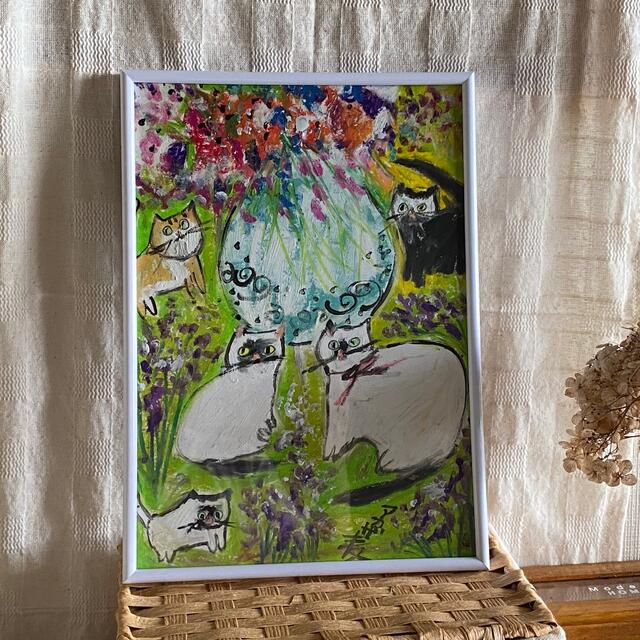 絵画。原画手描き【かわいい猫たちの花畑での楽しいデートの日】 | www