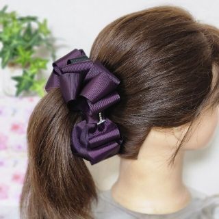 【13cmバナナクリップ】　大きめリボン　深みのある紫色(shadow purp(バレッタ/ヘアクリップ)