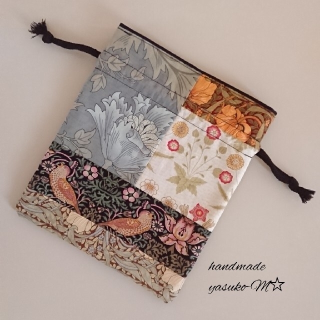人気定番 M☆ウィリアムモリスの大人巾着 handmade 両面パッチワーク 人気定番 M☆ウィリアムモリスの大人巾着 handmade 両面パッチワーク