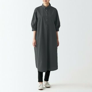 ムジルシリョウヒン(MUJI (無印良品))の◆新品◆  無印良品 ブロード七分袖ワンピース／Ｌ／ダークグレー(ひざ丈ワンピース)