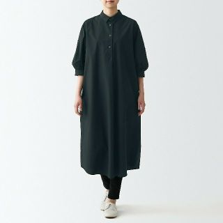 ムジルシリョウヒン(MUJI (無印良品))の★新品★  無印良品 ブロード七分袖ワンピース／Ｌ／黒(ひざ丈ワンピース)