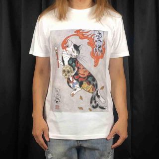 新品 ビッグプリント 猫 浮世絵 ねこ僧侶 タトゥー 頭蓋骨ドクロ木魚 Tシャツ(Tシャツ/カットソー(半袖/袖なし))