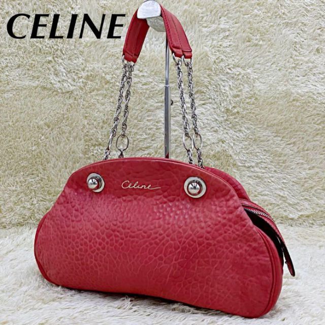 【CELINE】チェーンバッグ　ブラゾン刻印ボール　レッドピンク