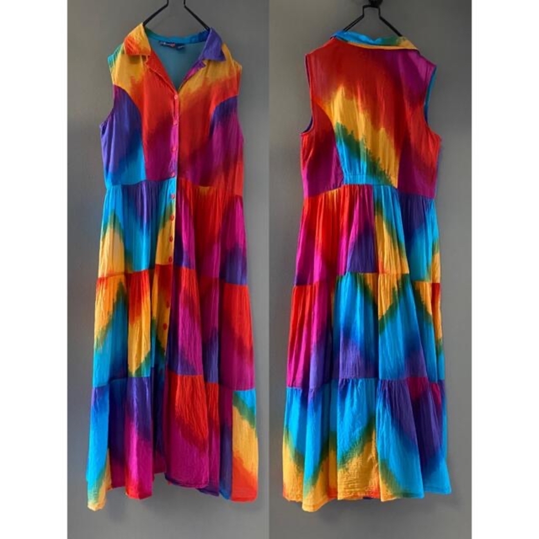 90cm裾幅ビンテージ 80s タイダイ パッチワーク 虹色 羽織 ドレス ワンピース