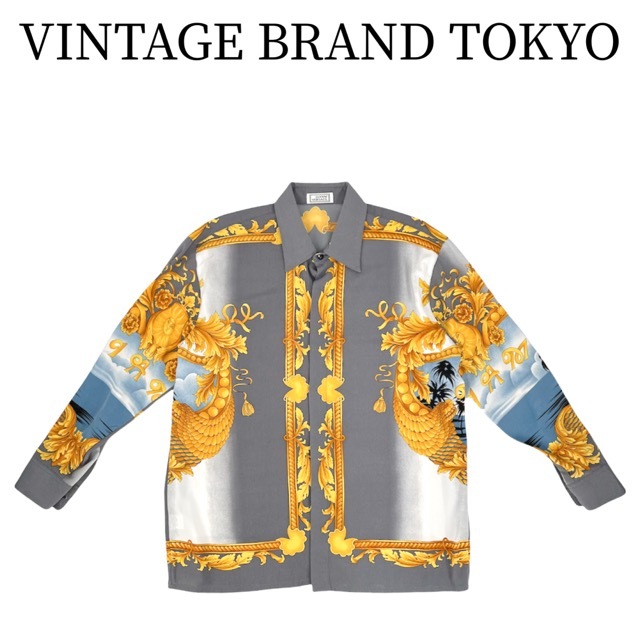 VERSACE ヴェルサーチ 長袖シャツ シルクシャツ 太陽 MIAMI マイアミ ダブルカラー D-OS-1551/R-53617-2 グレー ゴールド シルク    メンズ【品】