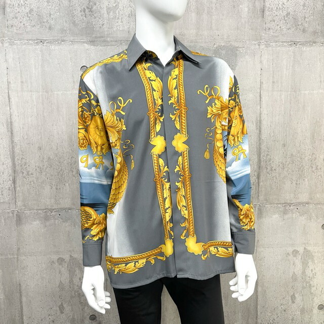 VERSACE(ヴェルサーチ)のVERSACE ヴェルサーチ 長袖シャツ シルクシャツ 太陽 MIAMI マイアミ ダブルカラー D-OS-1551/R-53617-2 グレー ゴールド シルク    メンズ【中古品】 メンズのトップス(シャツ)の商品写真