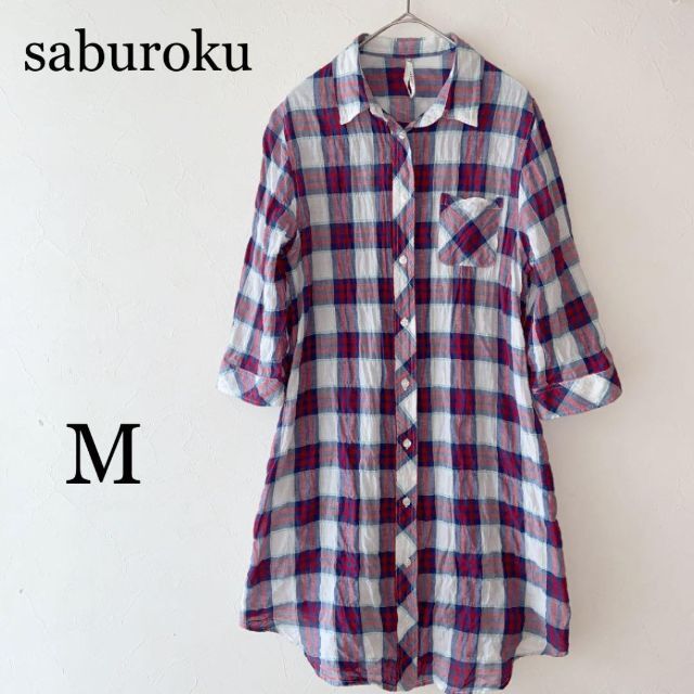 SABUROKU(サブロク)のsaburoku レデーィス　麻混　シャツワンピース　チェック　七分袖　Mサイズ レディースのトップス(シャツ/ブラウス(長袖/七分))の商品写真