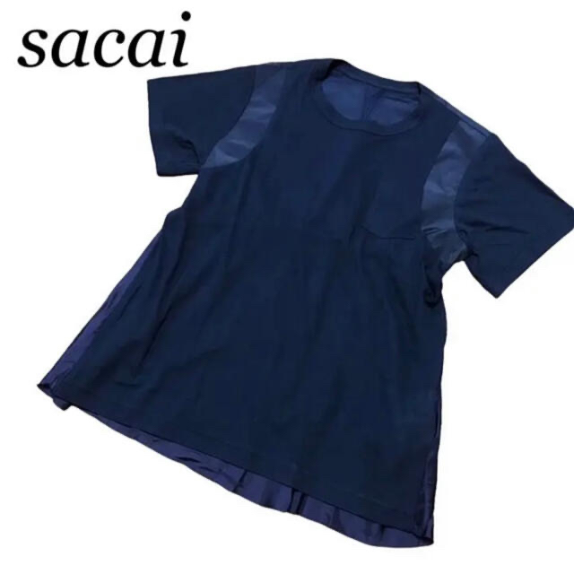 sacai(サカイ)のsacai トップス　カットソー　異素材　切替　ネイビー　サイズ2 レディースのトップス(カットソー(半袖/袖なし))の商品写真