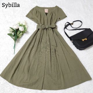 シビラ(Sybilla)の美品✨シビラ リネン混 ワンピース 洗える リボン付 半袖 M カーキ(ロングワンピース/マキシワンピース)