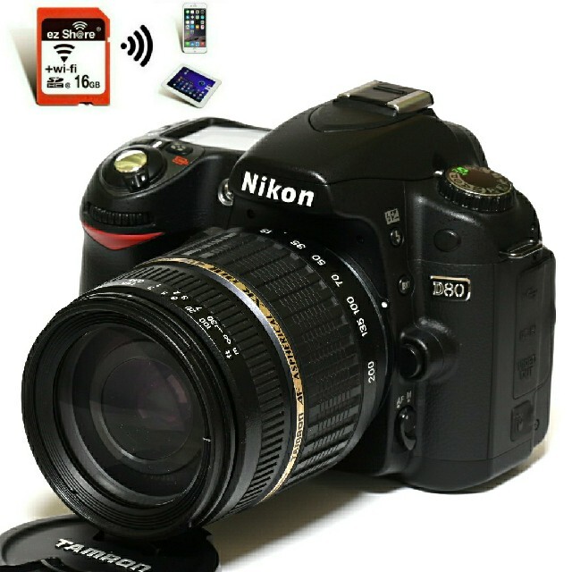 【Nikon】Wi-Fiでスマホへ★ショット数「2209回」！D80レンズセットスマホ/家電/カメラ