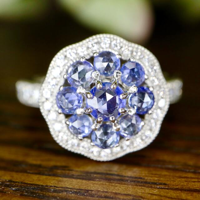 上質ジュエリー ブルーサファイアローズカットダイヤ紫陽花リングto1.28ct レディースのアクセサリー(リング(指輪))の商品写真