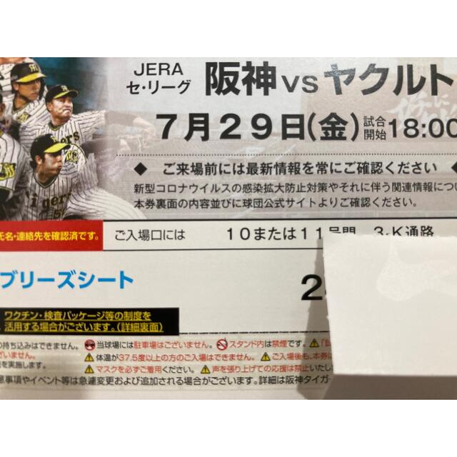 野球7/29(金）阪神-ヤクルト、ブリーズシート通路横ペア