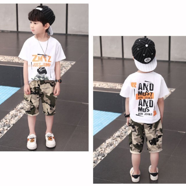 キッズ セットアップ Tシャツ 迷彩 パンツ アメカジ 上下セット ホワイト キッズ/ベビー/マタニティのキッズ服男の子用(90cm~)(その他)の商品写真