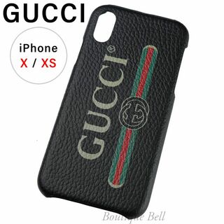 グッチ(Gucci)の【GUCCI】グッチ レザー ロゴプリント iPhoneX/XSケース ブラック(iPhoneケース)