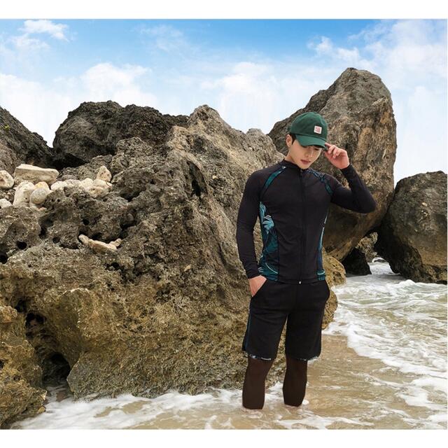 メンズ 水着 L 黒 緑 ボタニカル ラッシュガード セット UV メンズの水着/浴衣(水着)の商品写真
