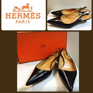 エルメス(Hermes)のエルメス♡ブラックレザー バックストラップ パンプス♡(ハイヒール/パンプス)