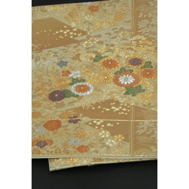 Ｓお仕立て上がり正絹袋帯 金色地にドロンワーク刺繍の鳥、花柄 www 
