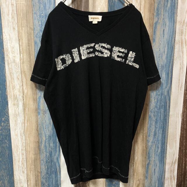 DIESEL(ディーゼル)の【DIESEL】ディーゼル 半袖Vネックシャツ  ロゴ文字 ブラック メンズのトップス(Tシャツ/カットソー(半袖/袖なし))の商品写真