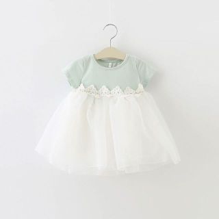 90cm Tシャツ生地のチュールワンピース　緑 ベビードレス 結婚式誕生日(ワンピース)